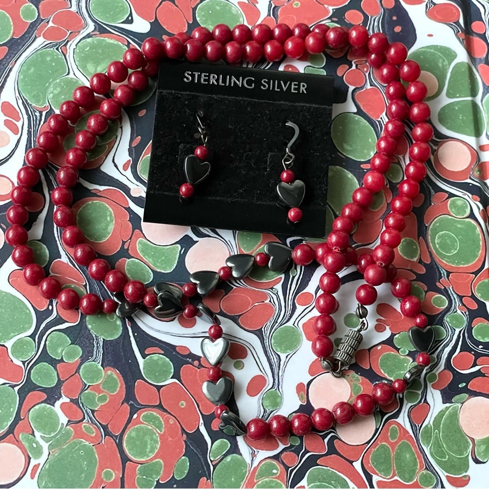 Vintage sterling, red jasper (?), & hematite heart necklace & earrings Valentine